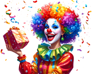 Excited Female Clown Throwing Confetti with Gift in Hand,