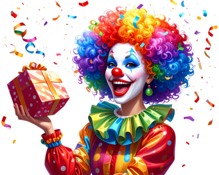 Excited Female Clown Throwing Confetti with Gift in Hand,