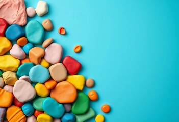 Obraz premium Vibrant array of plasticine clay in assorted colors against a smooth blue backdrop, craft supplies, vibrant colors