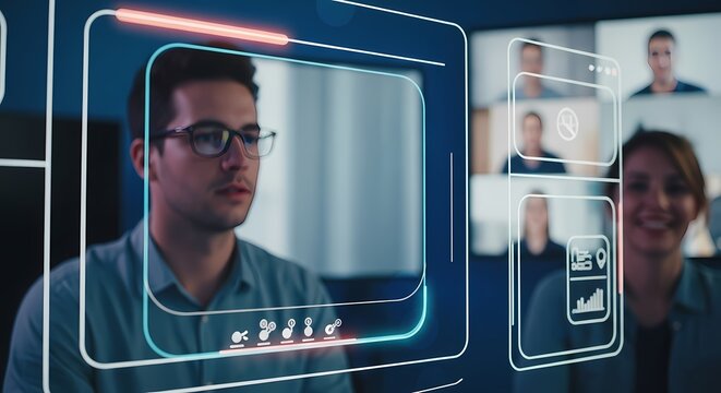 Man in virtual meeting with colleagues on a digital screen.