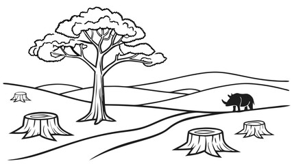 Rhinoceros in deforested landscape with tree stumps, symbolizing habitat destruction and environmental impact. Line art.