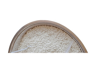 White Granules Container, Food Ingredient Scoop, Bulk Grain Storage, Closeup of Small Pellets, Cooking Supply Display, Ingredient Bowl Detail, Kitchen Essentials, Bulk Food Storage, White Pellet 