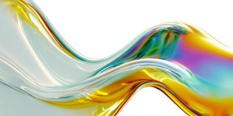 Liquid glass flows on a transparent background in the form of a transparent, iridescent, shiny, wide white wave. For designers, marketers. Popular image, illustration, object.