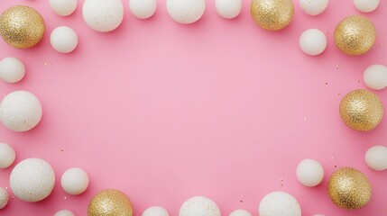 Pink background with white & gold glittery spheres arranged as oval frame&mdash;flat lay composition, high resolution, copy space concept; ideal for greeting cards, social media