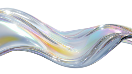 Liquid glass flows on a transparent background in the form of a transparent, iridescent, shiny, wide white wave. For designers, marketers. Popular image, illustration, object.