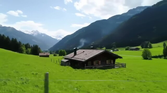 Scenic mountain landscape featuring a rustic cabin surrounded by lush green meadows and distant peaks