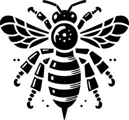 Illustration of a detailed black and white honeybee with wings and segmented body in a graphic style