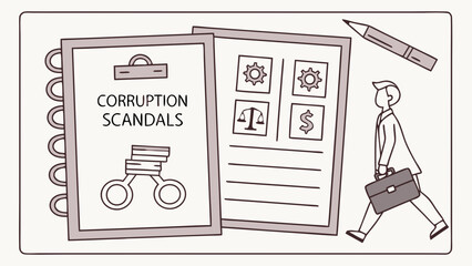 Businessman walking away from corruption scandal documents, illustrating corporate ethics, legal issues, and financial consequences