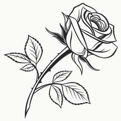 Detailed outline of a rose with leaves design