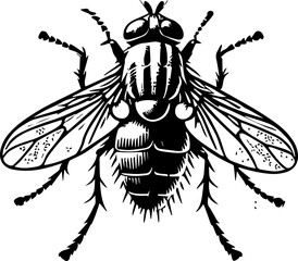 Detailed black and white illustration of a fly with intricate wings and segmented body design artwork
