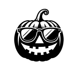 Black & white vector silhouette of a Halloween pumpkin in sunglasses on white background