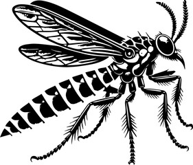 Detailed monochrome illustration of a wasp with intricate wings and segmented abdomen design art