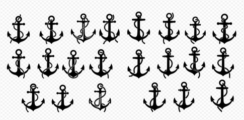 Fototapeta premium Pattern of black anchor illustrations with ropes on a transparent background.