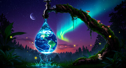 Global water drop from magical tree faucet in mystical night forest with aurora borealis, save earth, nature conservation, sustainable living.