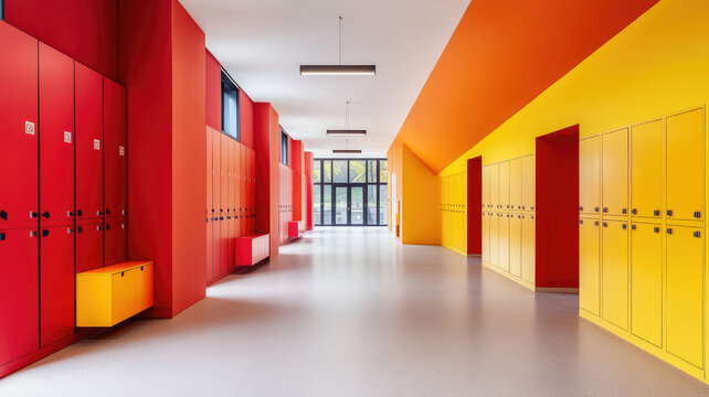 A long empty school hallway lined with student lockers during class hours