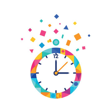 A vibrant and colorful clock with a geometric mosaic pattern and exploding confetti, symbolizing a festive occasion or party time