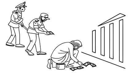 Corruption Concept: Uniformed Individuals Interacting with Street Vendor Over Money, Illustrating Bribery or Extortion