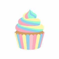 Colorful Rainbow Swirl Icing Cupcake with Pastel Striped Paper Cup Isolated.