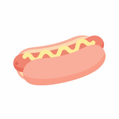 Delicious Cartoon Hot Dog with Mustard on a Soft Pink Bun Isolated.