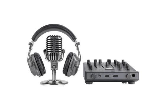 Microphone headphones and audio mixer for podcasting recording studio equipment silver isolated on transparent background