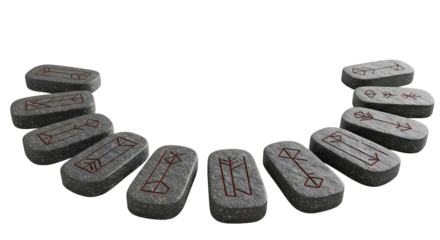 isolated ancient runes carved on grey stones stacked in a circle