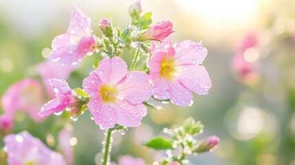 Fototapeta premium Delicate pink flowers covered in morning dew, natural light illuminating the droplets for a serene botanical scene