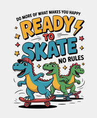 This fun illustration depicts three colorful dinosaurs skating, embodying a sense of thrill and excitement, and representing a vibrant and joyful spirit perfect for youth-oriented designs.