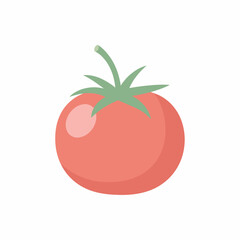Vibrant red round tomato with green stem and sepals simple flat vector illustration.