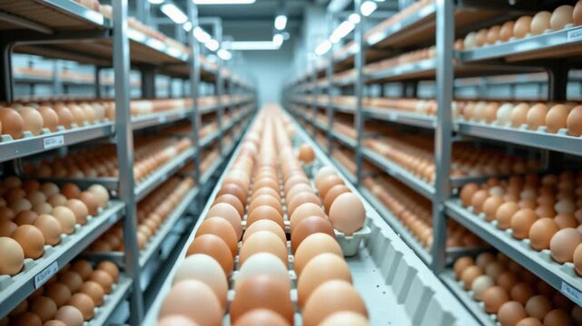 Egg factory sorting line production with brown eggs automation in poultry food industry, modern agriculture facility featuring organized rows on conveyor trays, industrial lighting, clean environment