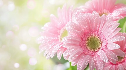 Fototapeta premium Macro image of pink flower petals dotted with fresh water droplets, blurred green background enhancing softness