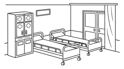 Fototapeta premium Black and White Illustration of Hospital Patient Room with Two Beds and Medical Cabinet