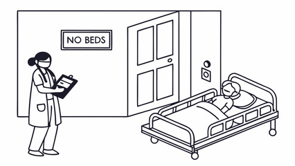Hospital Overcrowding: Nurse, Patient & 'No Beds' Sign. Healthcare Capacity Strain Illustration