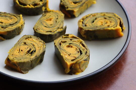 Aluvadi, alu vadi or Patra, Indian dish made with colocasia leaves, traditional Indian snack, especially Maharashtra and Gujarat