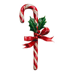 Isolated Christmas Candy Cane with Holly and Ribbon