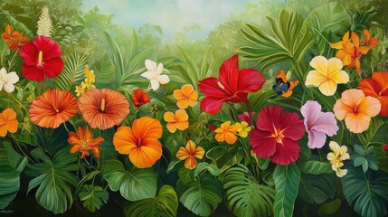 Naklejka premium Sunny tropical garden overflowing with red, orange, and yellow flowers among glossy green leaves