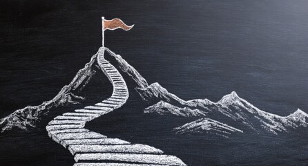 Chalk drawing of winding stairs leading to a mountain peak with a flag