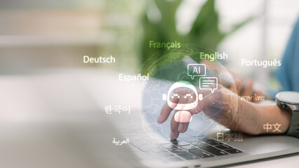 AI language translation and multilingual chatbot concept with person using laptop, digital robot icon and global communication, representing artificial intelligence