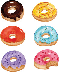set of 6 colorful watercolor donuts 