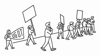 Line art illustration of a group of people marching in protest with blank signs and banners, social activism concept
