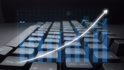 A close-up of a digital keyboard with a financial growth graph overlay, symbolizing success in business and the importance of data analysis in modern technology. Copula