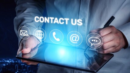 UI concept for contact us section showing icons for email, web, phone, and message. Contact and support icons help streamline business communication and improve customer contact experience. Muxer