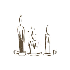 Hand drawn set of candles with dripping wax and flames in doodle sketch style for halloween magic cozy home decor and creative projects