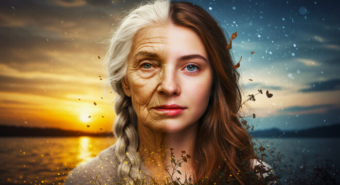 A beautiful woman's face split in two, half old with gray hair and wrinkles, half young with a fresh face and long brown hair, representing youth and aging.