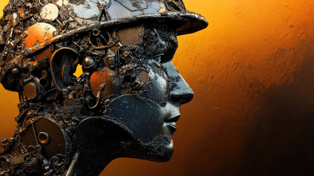 Surreal Fantasy Portrait of a Metal Worker with Landscape Helmet