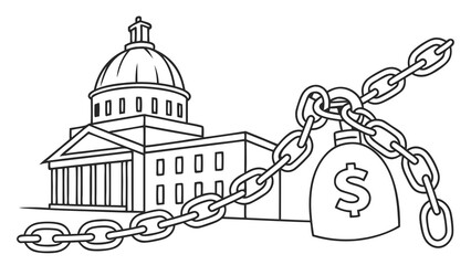 Government Building Chained to Money Bag: Political Financial Control, Debt & Corruption Concept