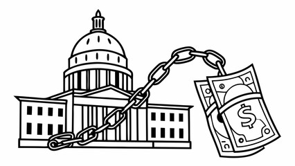 Fototapeta premium Lobbying & Political Funding: Capitol Building Chained to Dollar Bills, Symbolizing Financial Influence