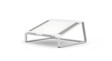 A white laptop stand with a minimalist design on a white background in studio lighting setup