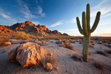 Desert landscape with lone cactus at sunset