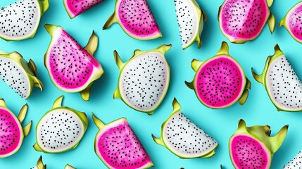 Seamless pattern of dragon fruit slices on bright blue background—vibrant colors, repeating seamless design, high resolution; ideal for textiles, packaging, digital designs, or decor needing tropical 