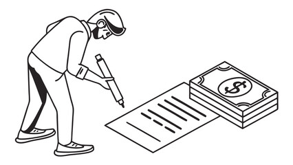 Business Deal Signing: Person Signing Contract Document for Payment with Stack of Cash - Financial Agreement Concept